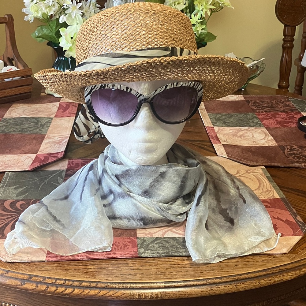 Woven straw sun hat with zebra print frame uv400 glasses matching scarf